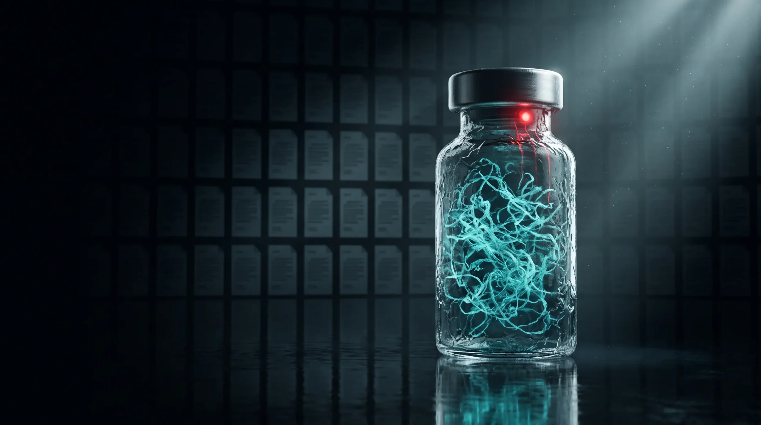 Vial de péptido iluminado con un nodo rojo de aviso en el sello, la imagen que acompaña a la guía para saber si un péptido es original.