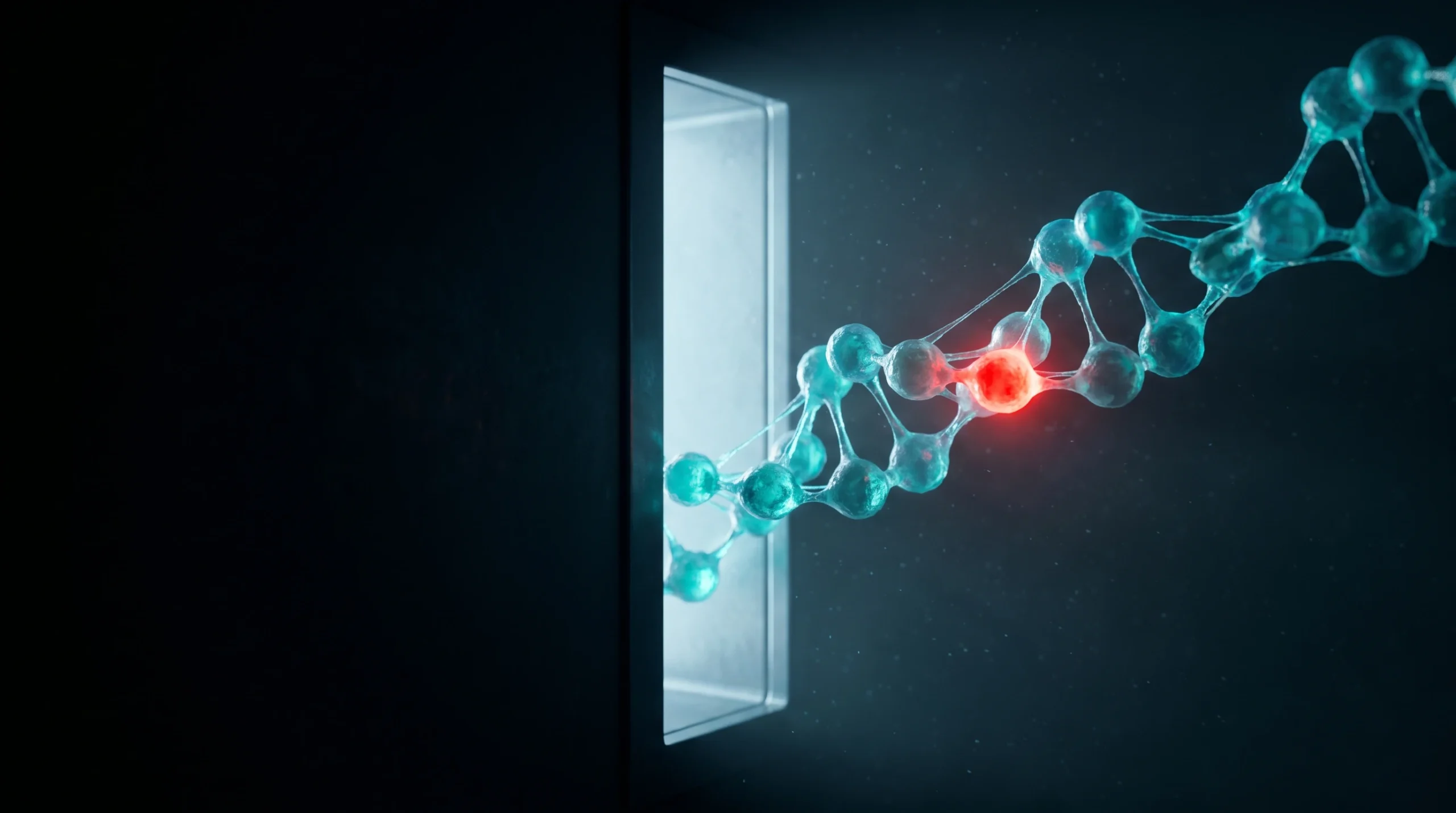 Cadena peptídica luminosa atravesando una estrecha abertura de luz fría, ilustración del expediente de los péptidos FDA en la lista 503A de formulación magistral.