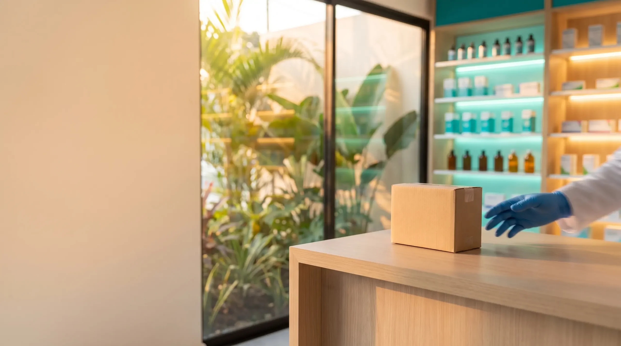 Interior de una farmacia en San José, Costa Rica, con luz tropical y una caja de inyectable sellada sobre el mostrador junto a la mano de un farmacéutico.