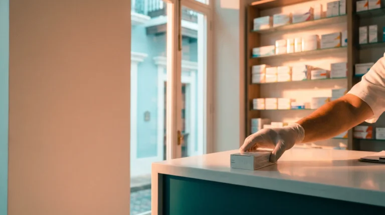 Interior de una farmacia en el Viejo San Juan con luz tropical y una caja de inyectable sellada sobre el mostrador junto a la mano de un farmacéutico.
