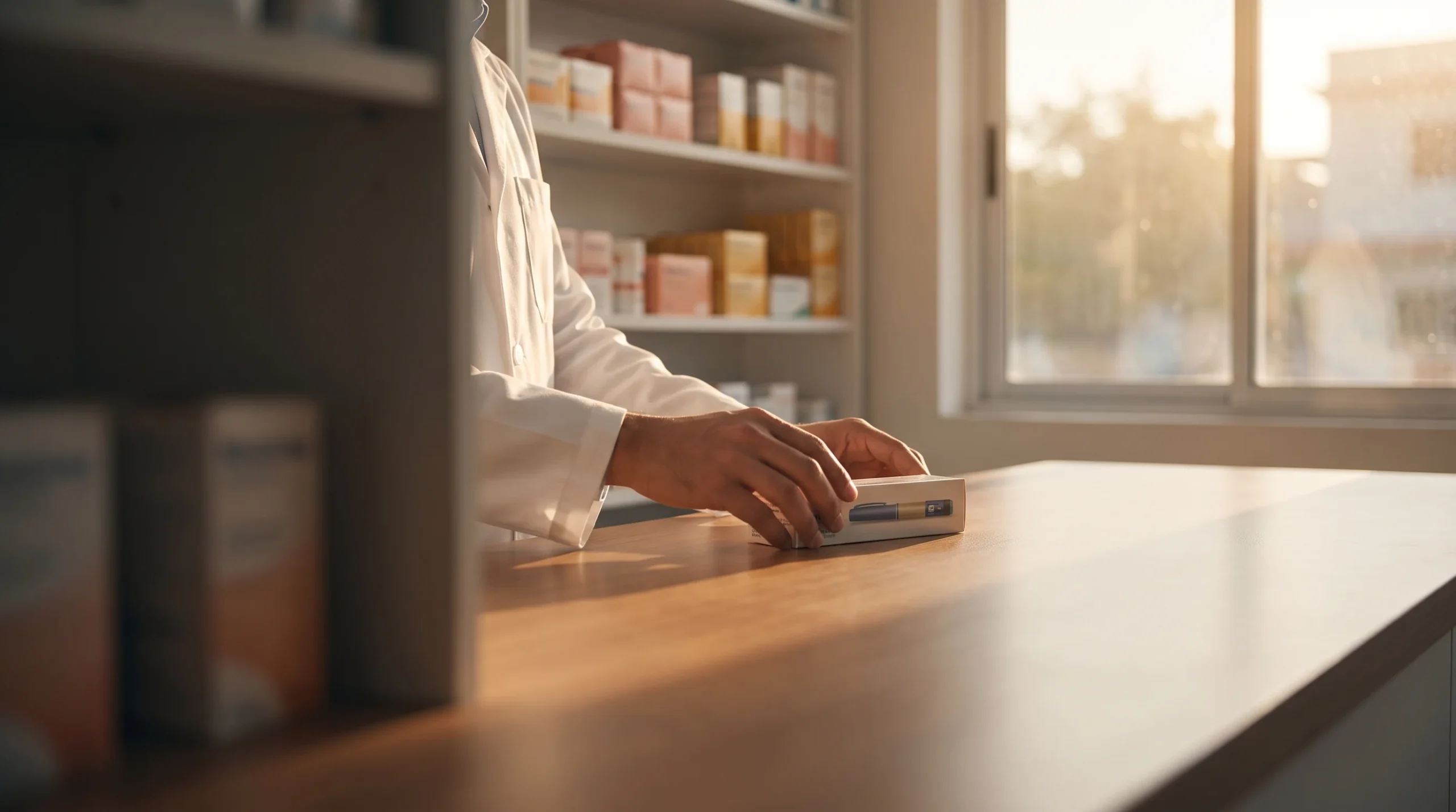 Un farmacéutico coloca una caja de medicamento inyectable sobre el mostrador de una farmacia dominicana con luz cálida, representando el canal legal de dispensación en República Dominicana.