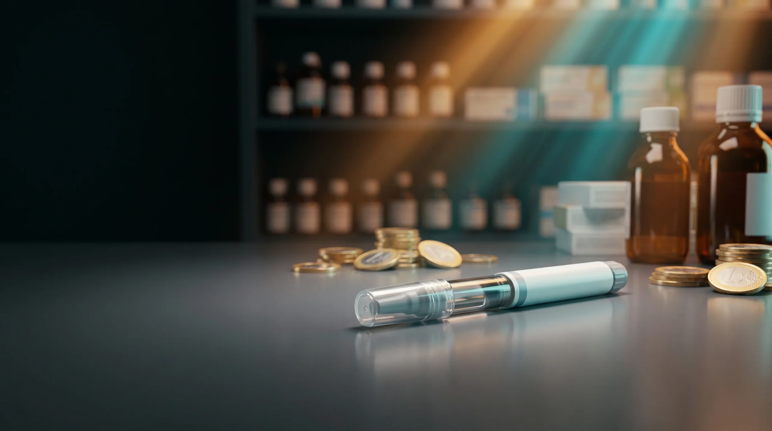 Pluma inyectable genérica sobre un mostrador de farmacia con monedas de euro al fondo, que ilustra el coste de Wegovy en España.