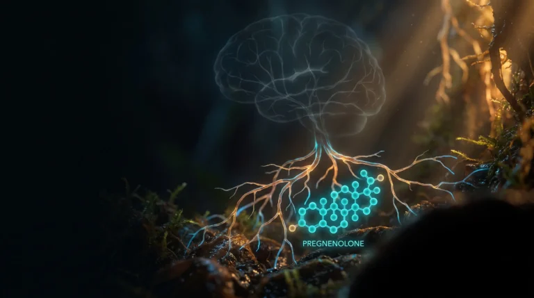 Molécula de pregnenolona en la raíz de un árbol de hormonas esteroides con un cerebro al fondo, que ilustra su papel de precursora y neuroesteroide.