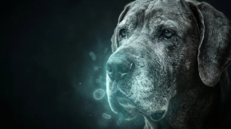 Primer plano de un perro grande de hocico canoso sobre fondo oscuro con un halo celular turquesa, que representa la biología del envejecimiento canino.