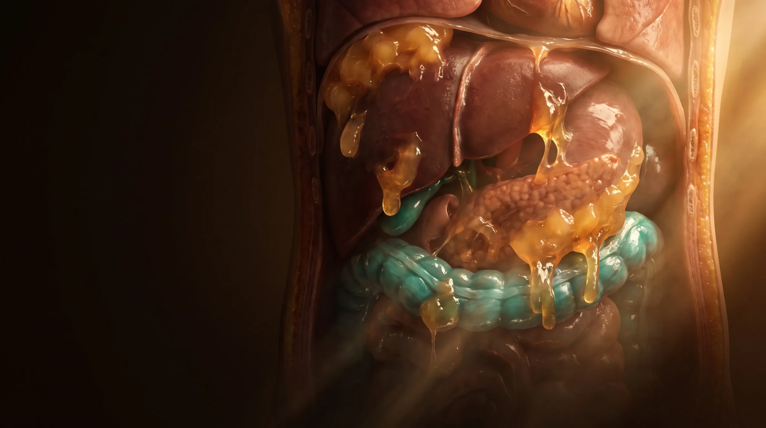 Corte del abdomen con el hígado y el páncreas liberando grasa, que ilustra el mecanismo de remisión de la diabetes tipo 2.