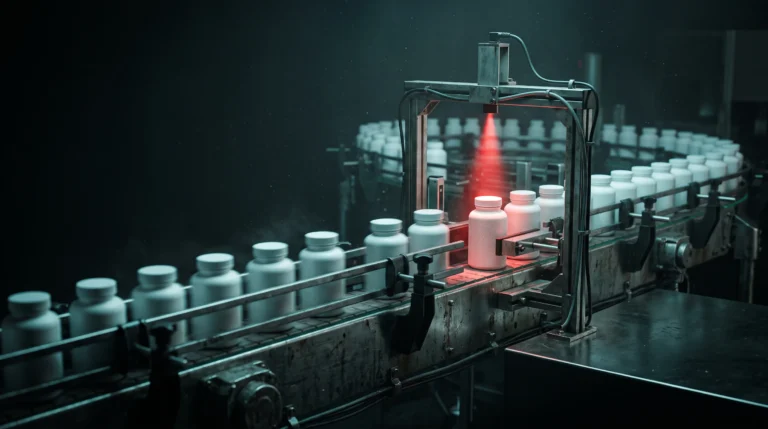 Botes de complementos alimenticios sin etiquetar avanzando por un punto de control con luz turquesa y uno retenido bajo un haz rojo, ilustrando los trámites para comercializarlos en España.