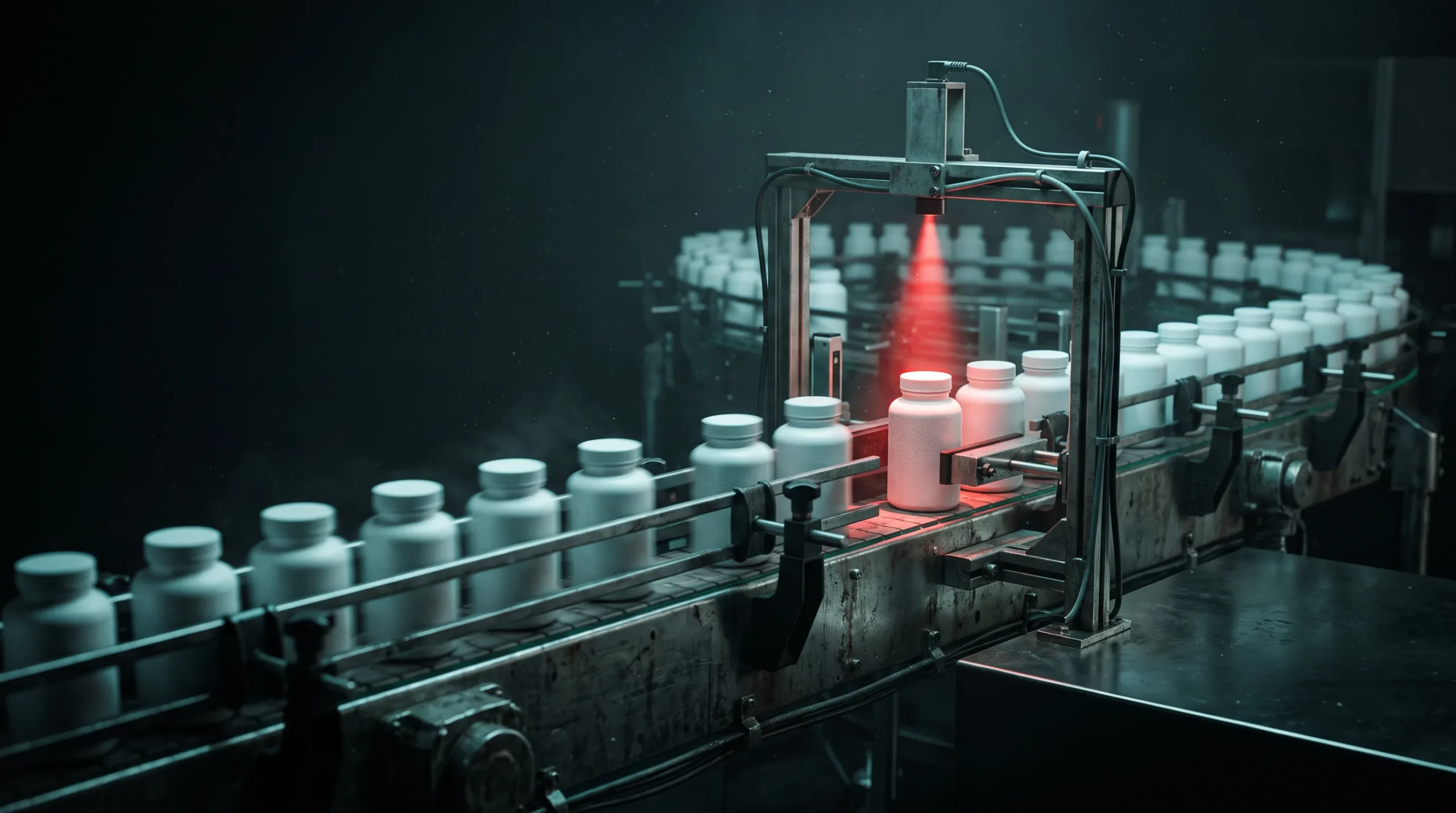 Botes de complementos alimenticios sin etiquetar avanzando por un punto de control con luz turquesa y uno retenido bajo un haz rojo, ilustrando los trámites para comercializarlos en España.