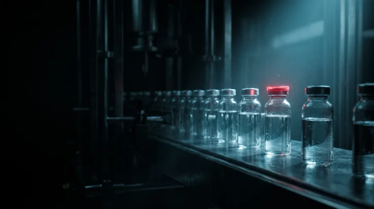 Fila de viales de péptidos sin etiquetar sobre fondo oscuro con luz turquesa y un precinto rojo en uno de ellos, ilustrando el control legal de su comercialización en España.