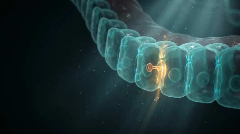 Ilustración microscópica de la zonulina abriendo una unión estrecha entre dos células del intestino, con un fondo oscuro y luz turquesa y ámbar.