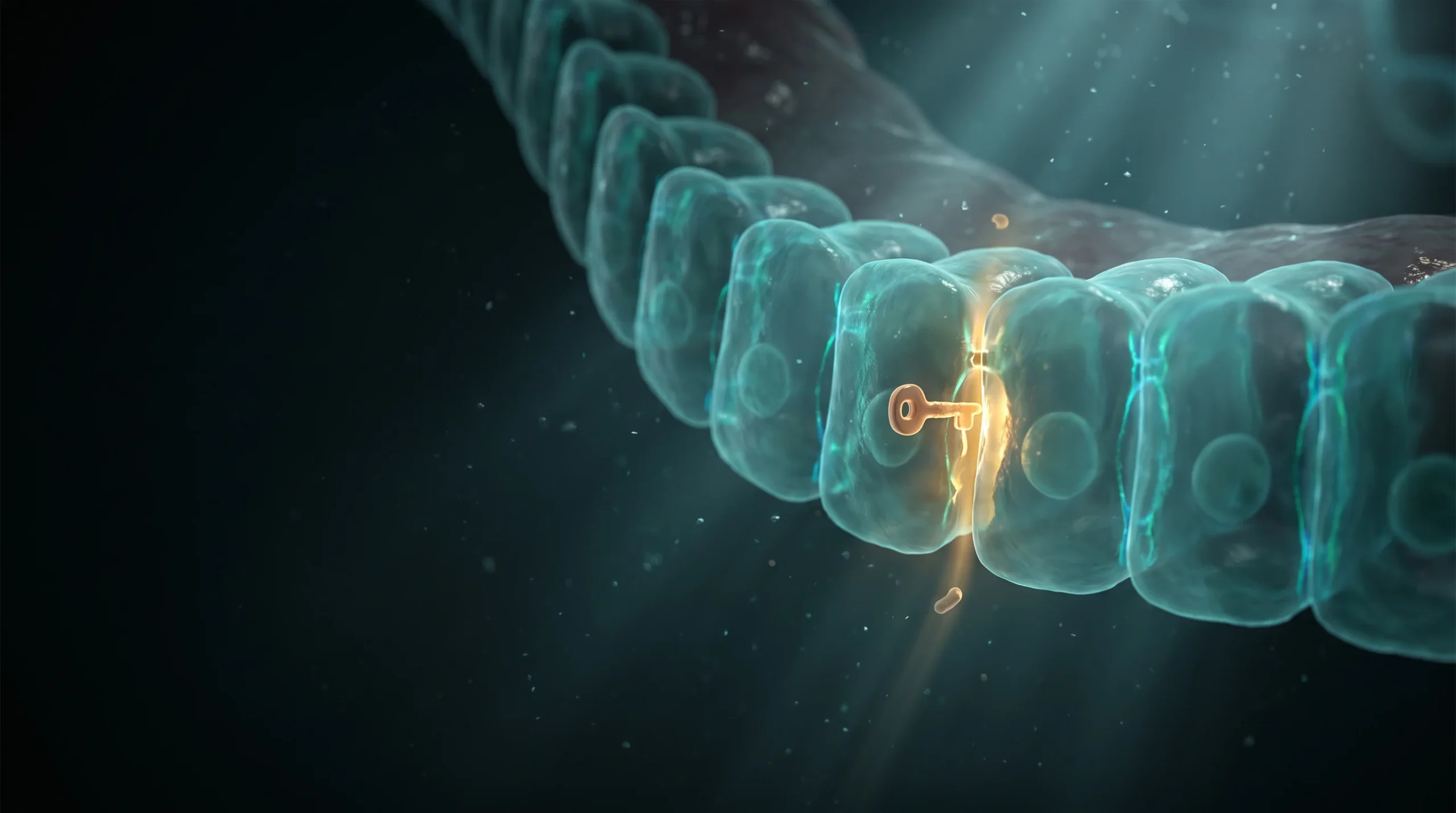 Ilustración microscópica de la zonulina abriendo una unión estrecha entre dos células del intestino, con un fondo oscuro y luz turquesa y ámbar.