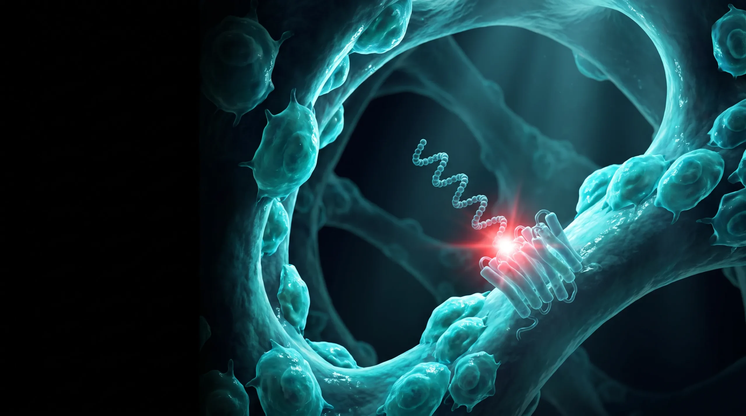 Ilustración molecular de la abaloparatida acoplándose al receptor PTH1 de un osteoblasto que deposita matriz ósea nueva sobre una trabécula.