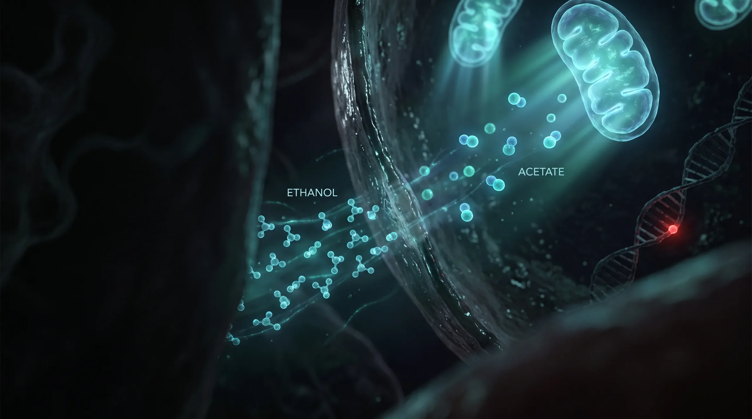 Ilustración molecular sobre alcohol y esperanza de vida: etanol transformándose en acetato junto a mitocondrias de una célula hepática, con un nodo de daño en el ADN.