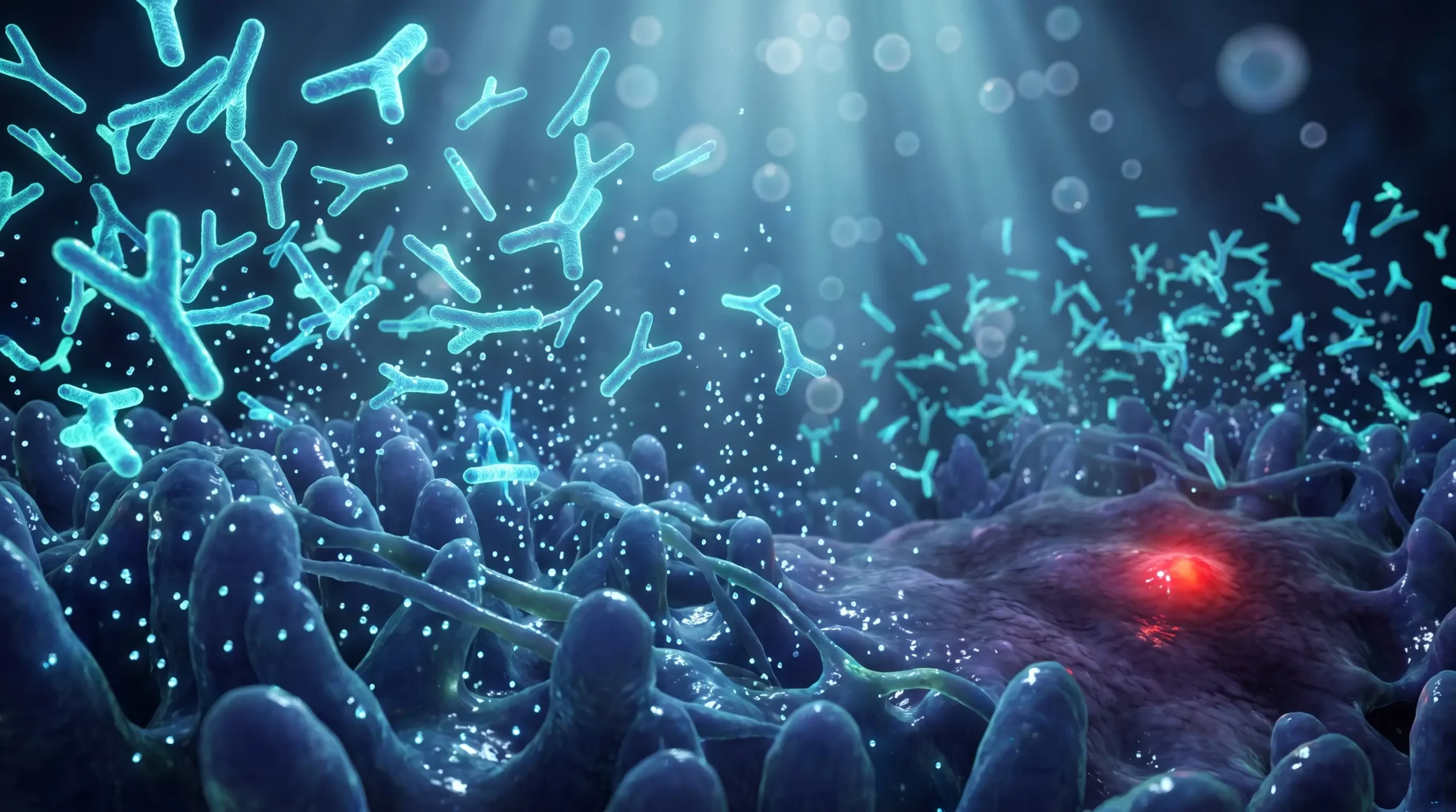 Ilustración médica hiperrealista de una colonia de Bifidobacterium pseudocatenulatum liberando metabolitos sobre la mucosa intestinal, con un foco inflamado donde la bacteria ha desaparecido.