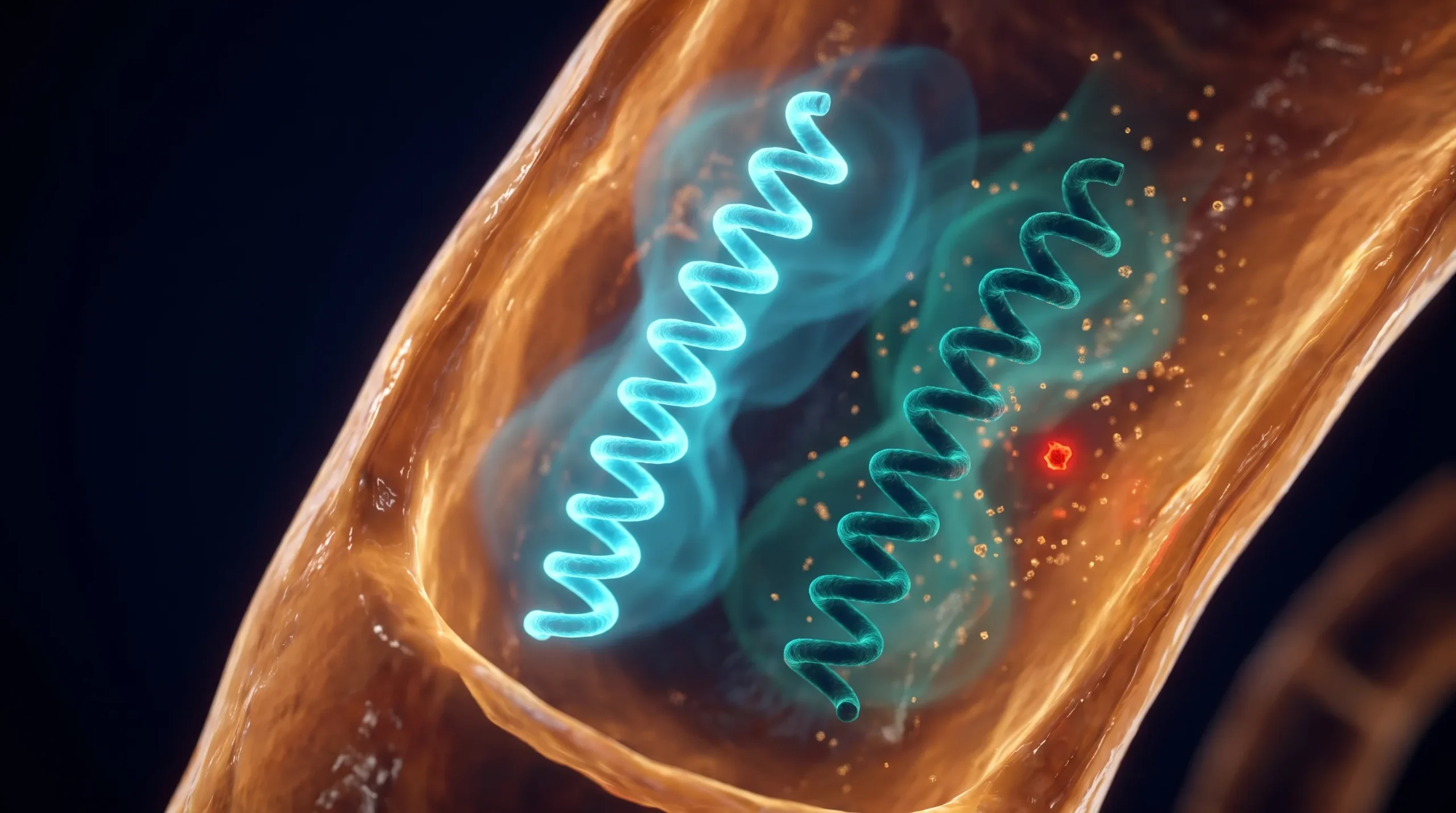 Ilustración molecular de un estudio de bioequivalencia, con dos cadenas peptídicas idénticas comparadas en el plasma y sus curvas de concentración superpuestas.