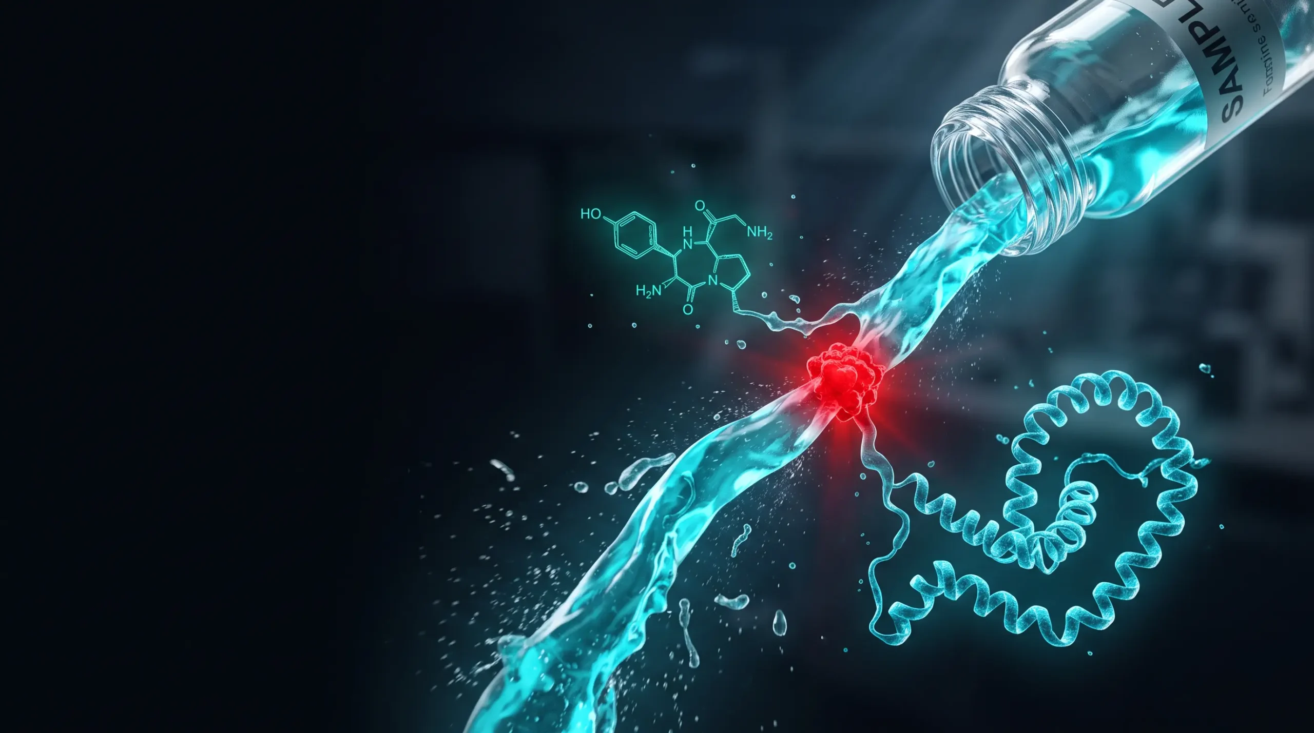 Ilustración molecular de un vial de bioglutide del que emergen dos moléculas distintas, un dipéptido cíclico diminuto y una larga cadena peptídica, con un nodo escarlata de alerta.