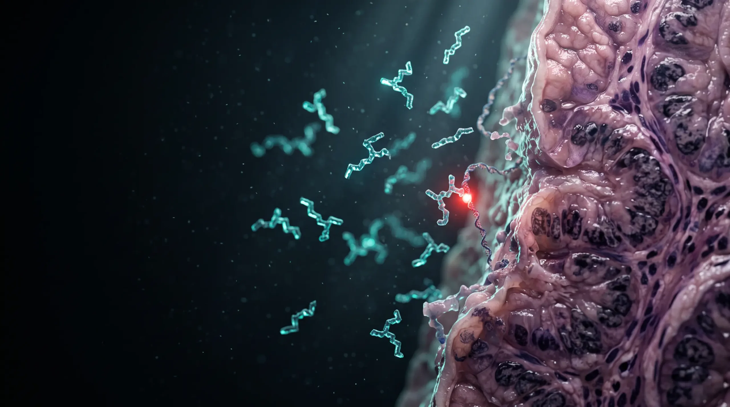 Ilustración molecular del origen de los bioreguladores rusos, con tejido glandular disolviéndose en péptidos cortos que interaccionan con la cromatina.
