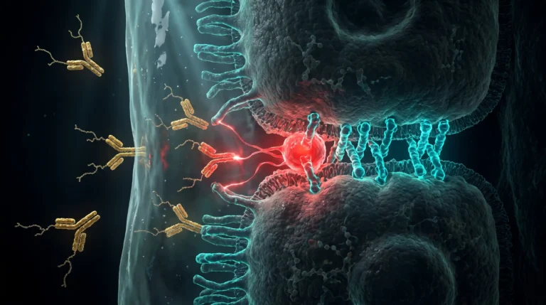Ilustración molecular del calostro bovino: inmunoglobulinas acoplándose a una unión estrecha rota entre dos células del epitelio intestinal.