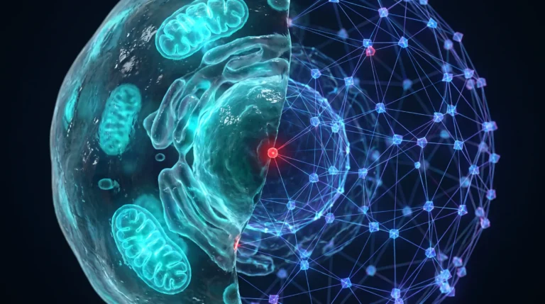 Ilustración de una célula virtual, con la mitad biológica y la mitad reconstruida como una red de nodos luminosos por un modelo computacional.