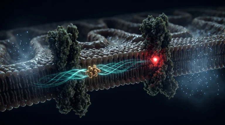 Ilustración molecular de la coenzima Q10 transportando electrones entre dos complejos respiratorios de la membrana interna de la mitocondria.
