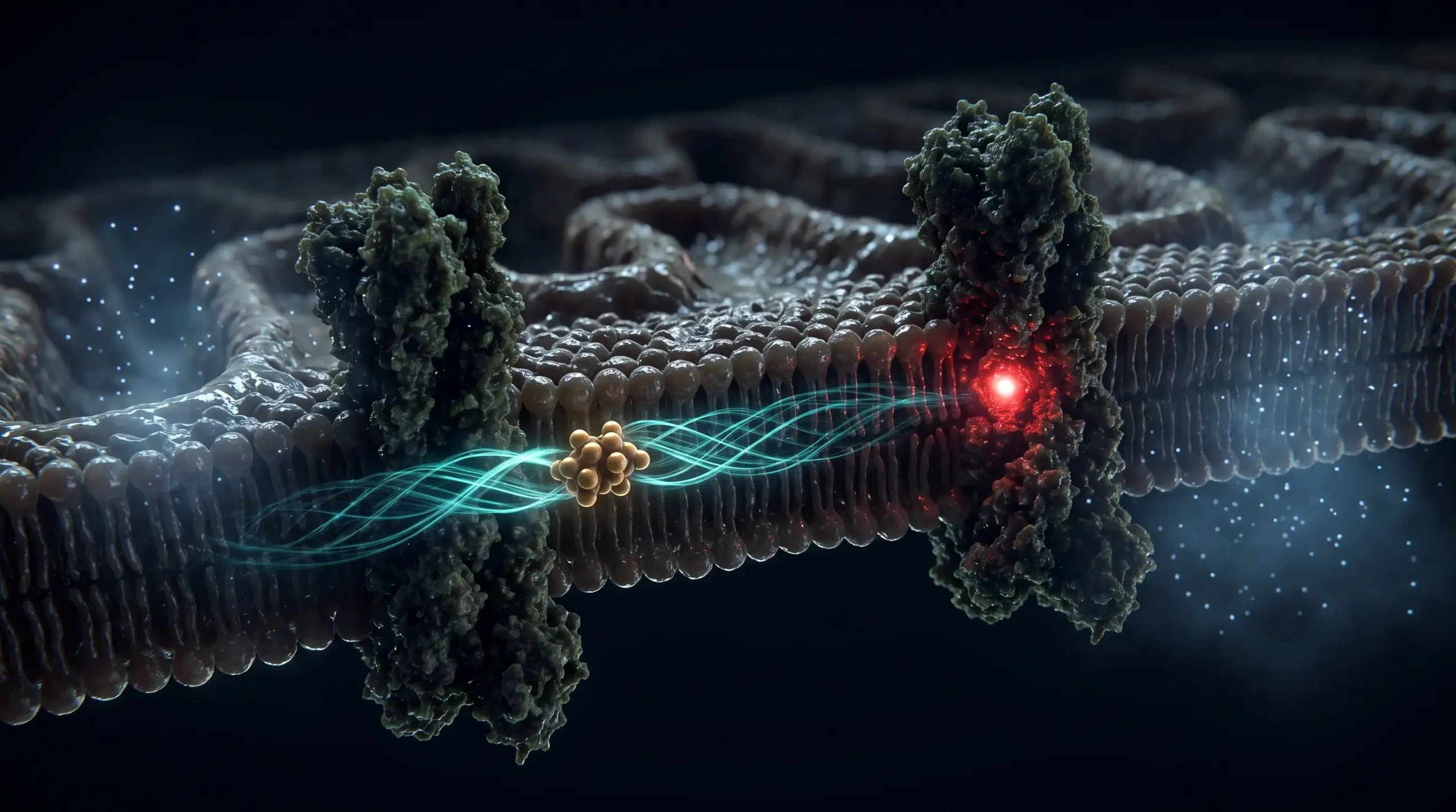 Ilustración molecular de la coenzima Q10 transportando electrones entre dos complejos respiratorios de la membrana interna de la mitocondria.