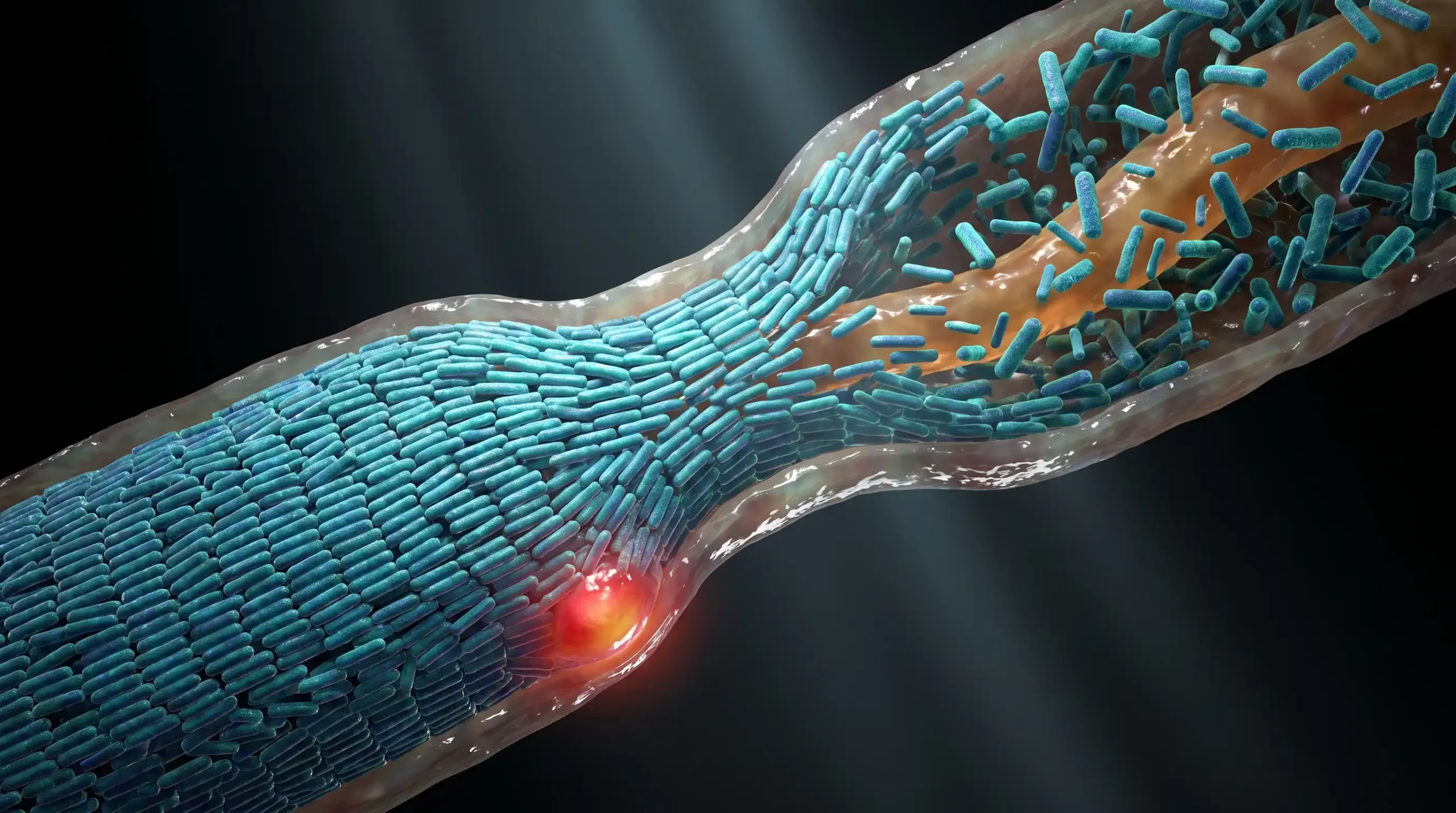 Ilustración microscópica de Cutibacterium acnes formando biofilm dentro de un folículo pilosebáceo humano rodeado de sebo.