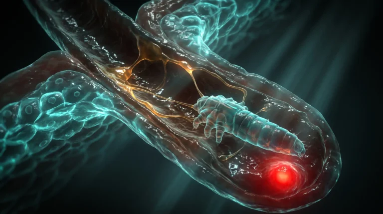 Ilustración microscópica de un ácaro Demodex alojado de cabeza dentro de un folículo piloso humano, rodeado de sebo y células de la piel.