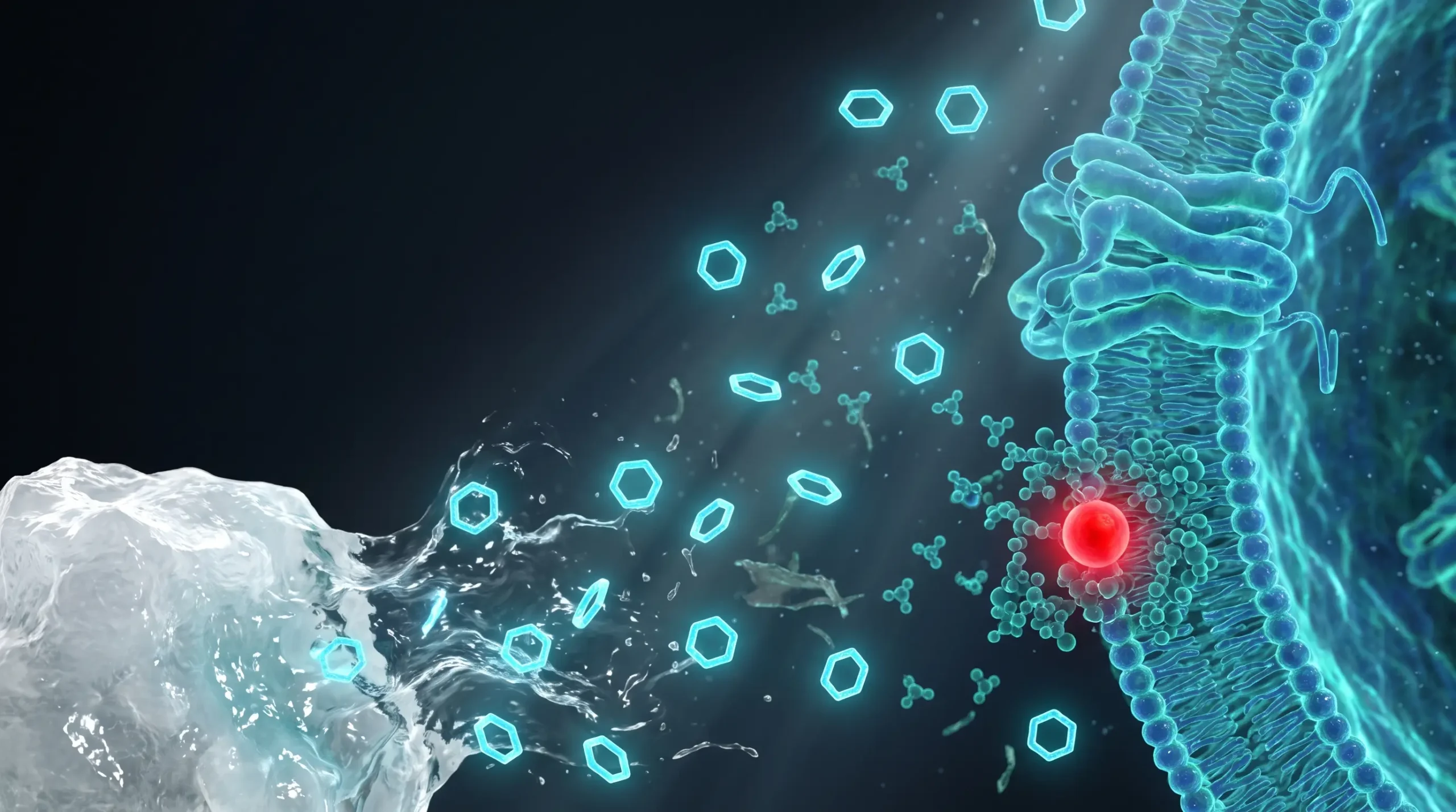 Ilustración molecular de la dosis de myo-inositol disolviéndose en agua junto a una proporción mucho menor de D-chiro-inositol.