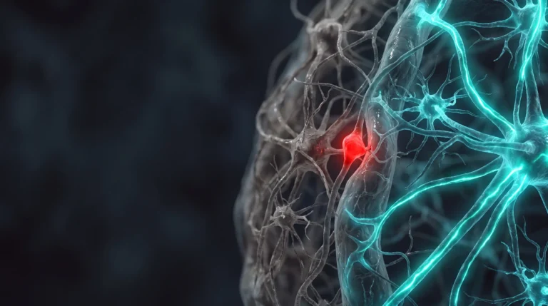 Ilustración del vínculo entre ejercicio y demencia, con una red de neuronas que conserva la señal en un lado y la pierde en el otro.