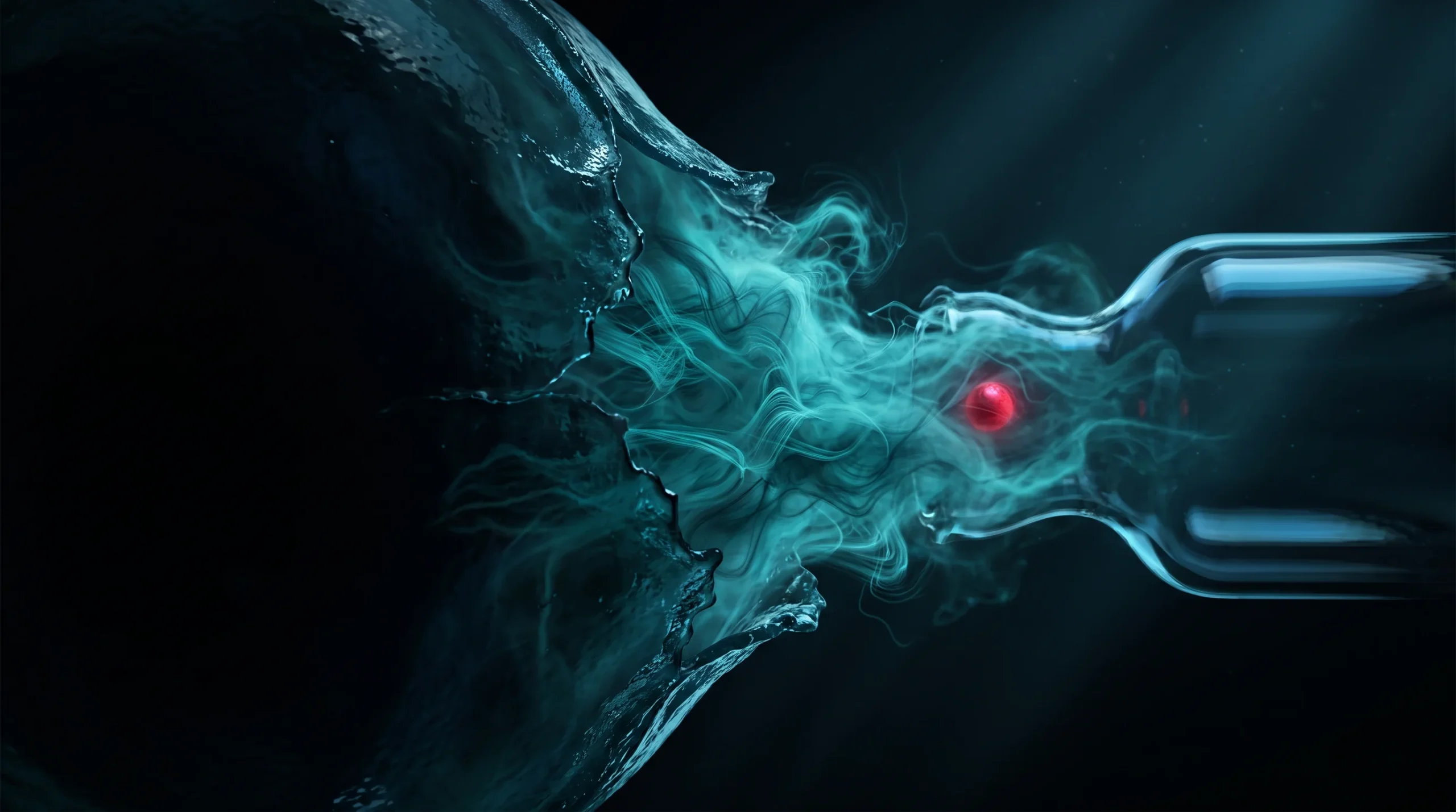Ilustración de endotoxinas liberadas al romperse la membrana externa de una bacteria gramnegativa junto a la pared de un vial inyectable.