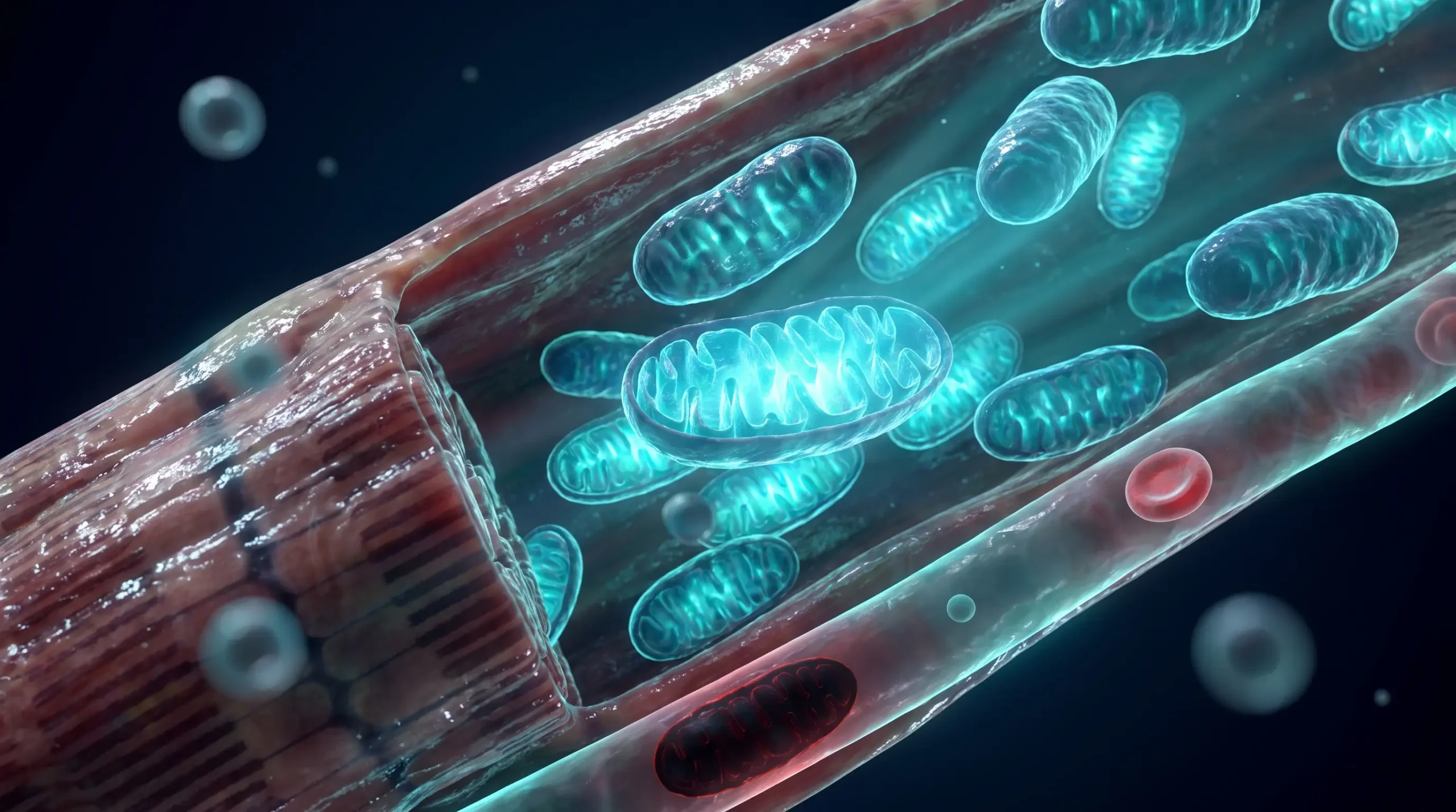 Ilustración médica hiperrealista de mitocondrias activándose en cadena dentro de una fibra muscular, imagen del protocolo de exercise snacks y su efecto sobre el metabolismo.