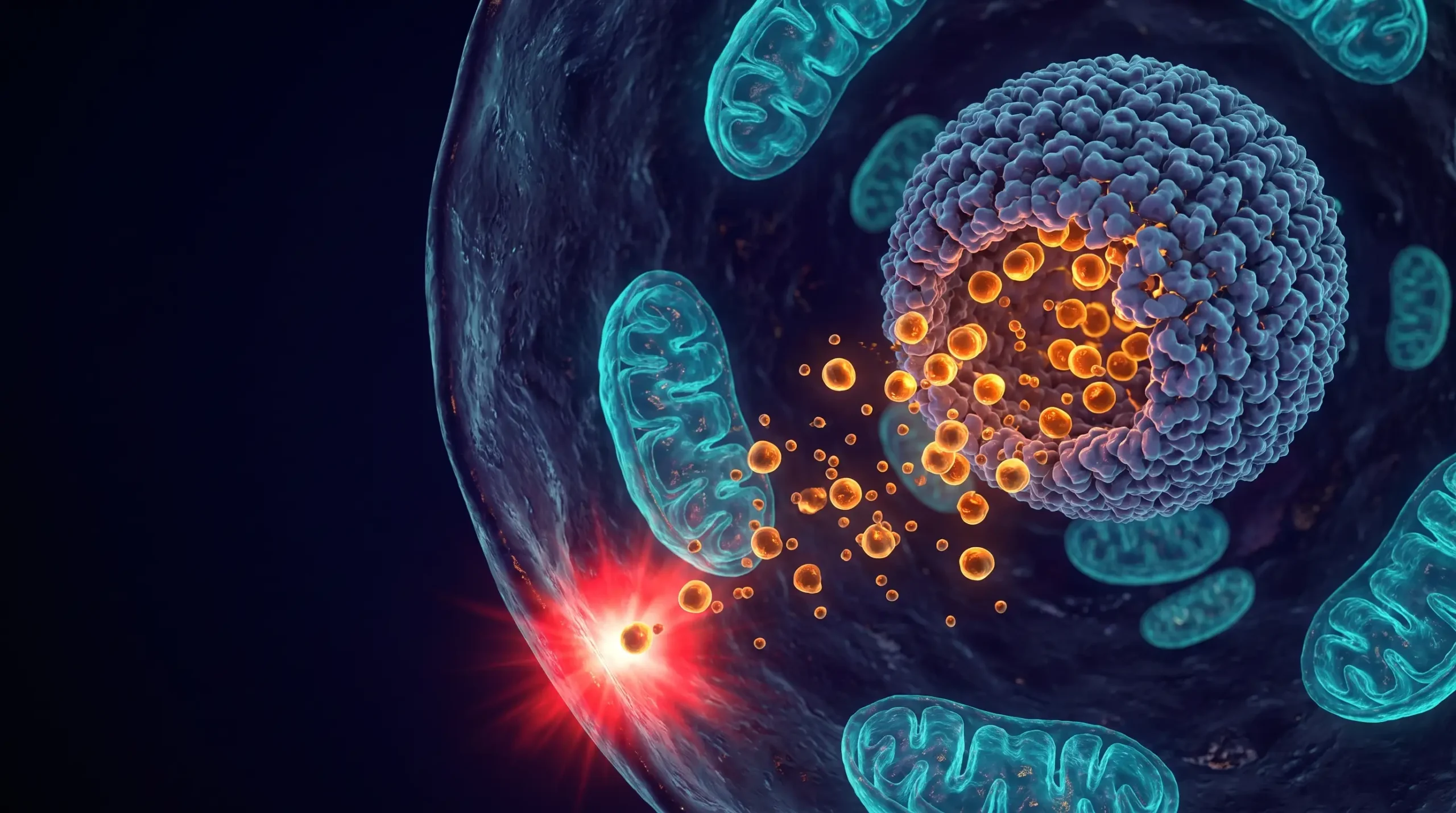 Ilustración molecular de una jaula de ferritina alta en el interior de un hepatocito liberando átomos de hierro libre junto a las mitocondrias.