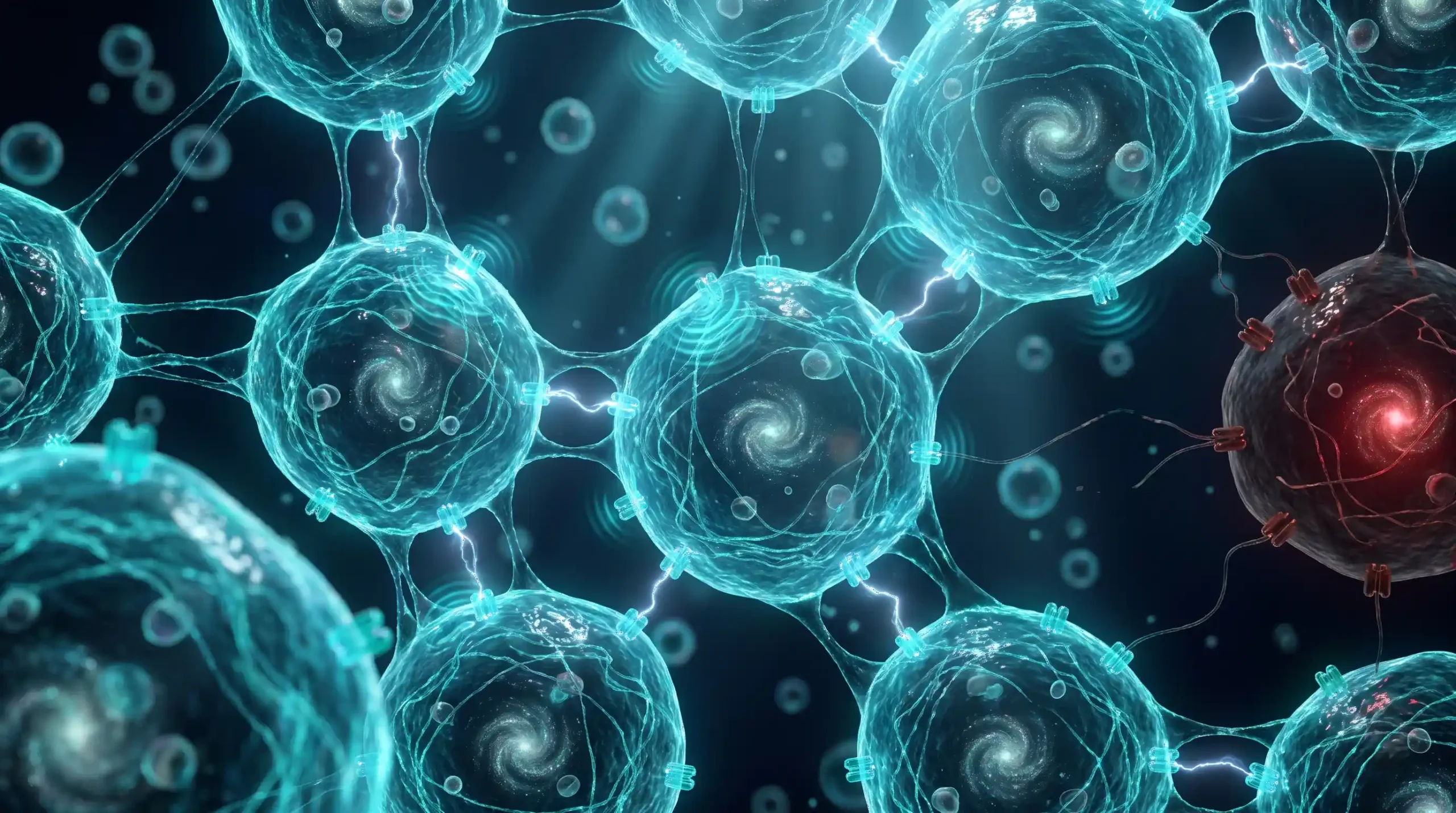 Ilustración médica hiperrealista de una red de células unidas por gradientes de voltaje, imagen del perfil de Michael Levin y su investigación en bioelectricidad.