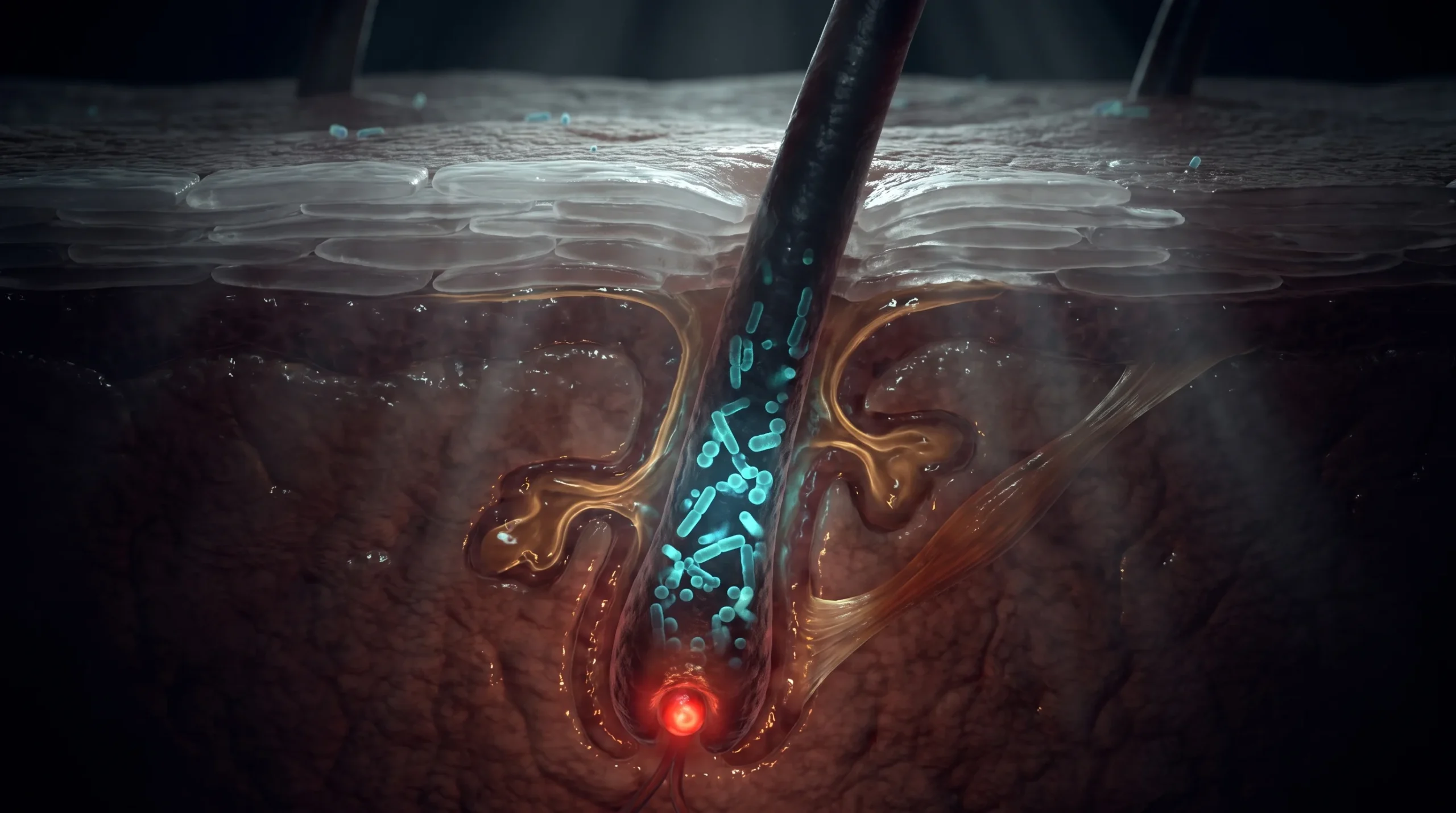 Corte microscópico de piel humana donde el microbioma cutáneo se concentra dentro del folículo piloso y no en la superficie.