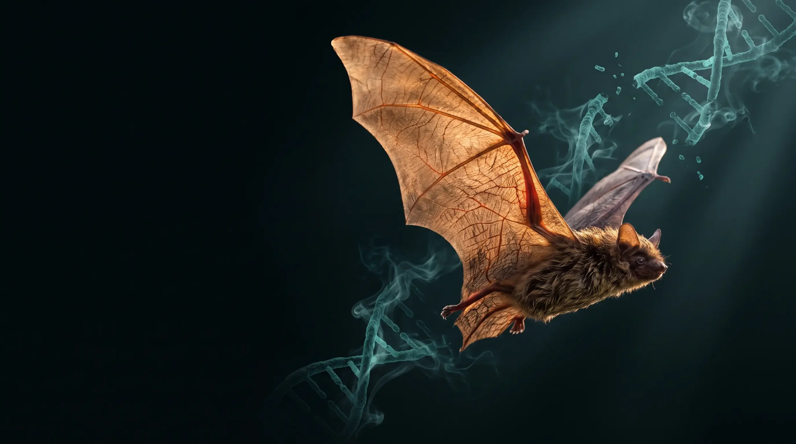 Ilustración de un murciélago Myotis en vuelo con la membrana del ala retroiluminada y hebras de ADN rotas al fondo, en referencia a su reparación del genoma.