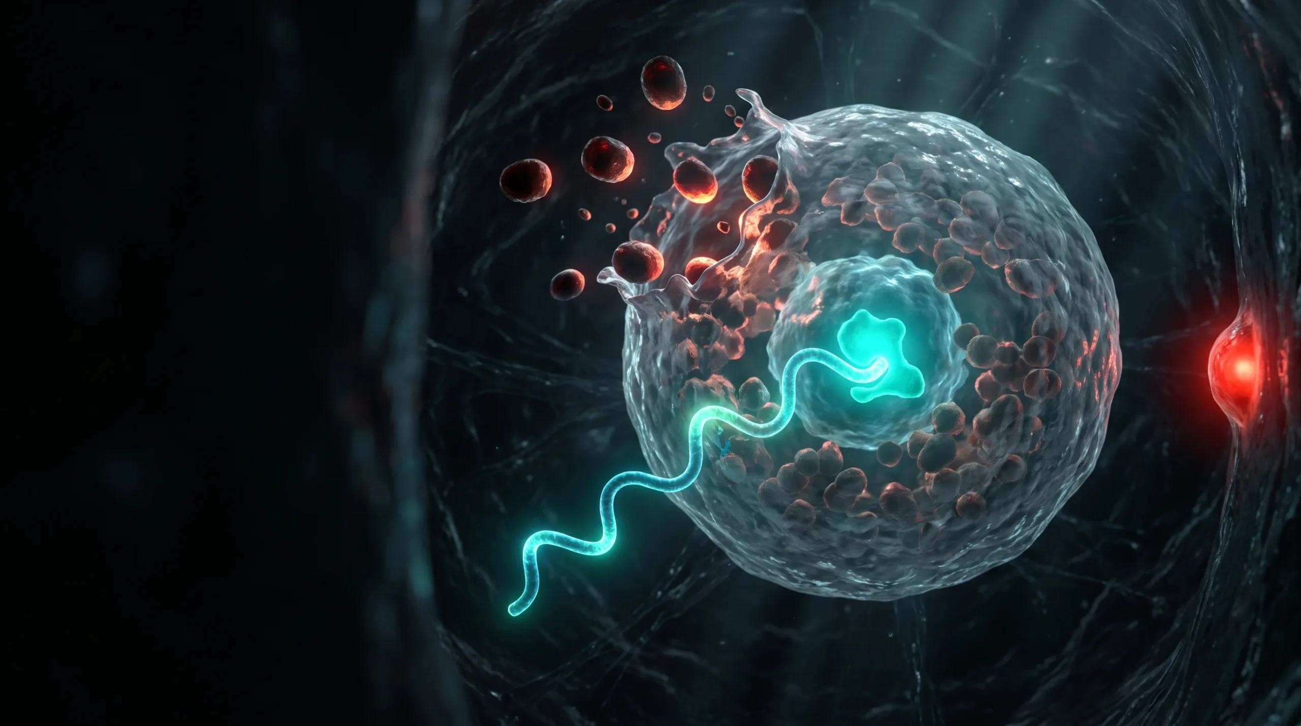 Ilustración molecular de la palmitoiletanolamida acoplándose a su receptor nuclear y deteniendo la degranulación de un mastocito en el tejido inflamado.
