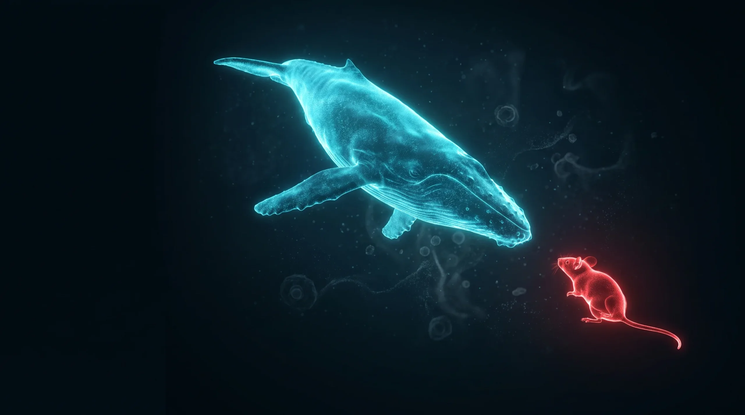 Ilustración de la paradoja de Peto, con una ballena y un ratón mostrados al mismo tamaño pese a la enorme diferencia de número de células entre ambos.