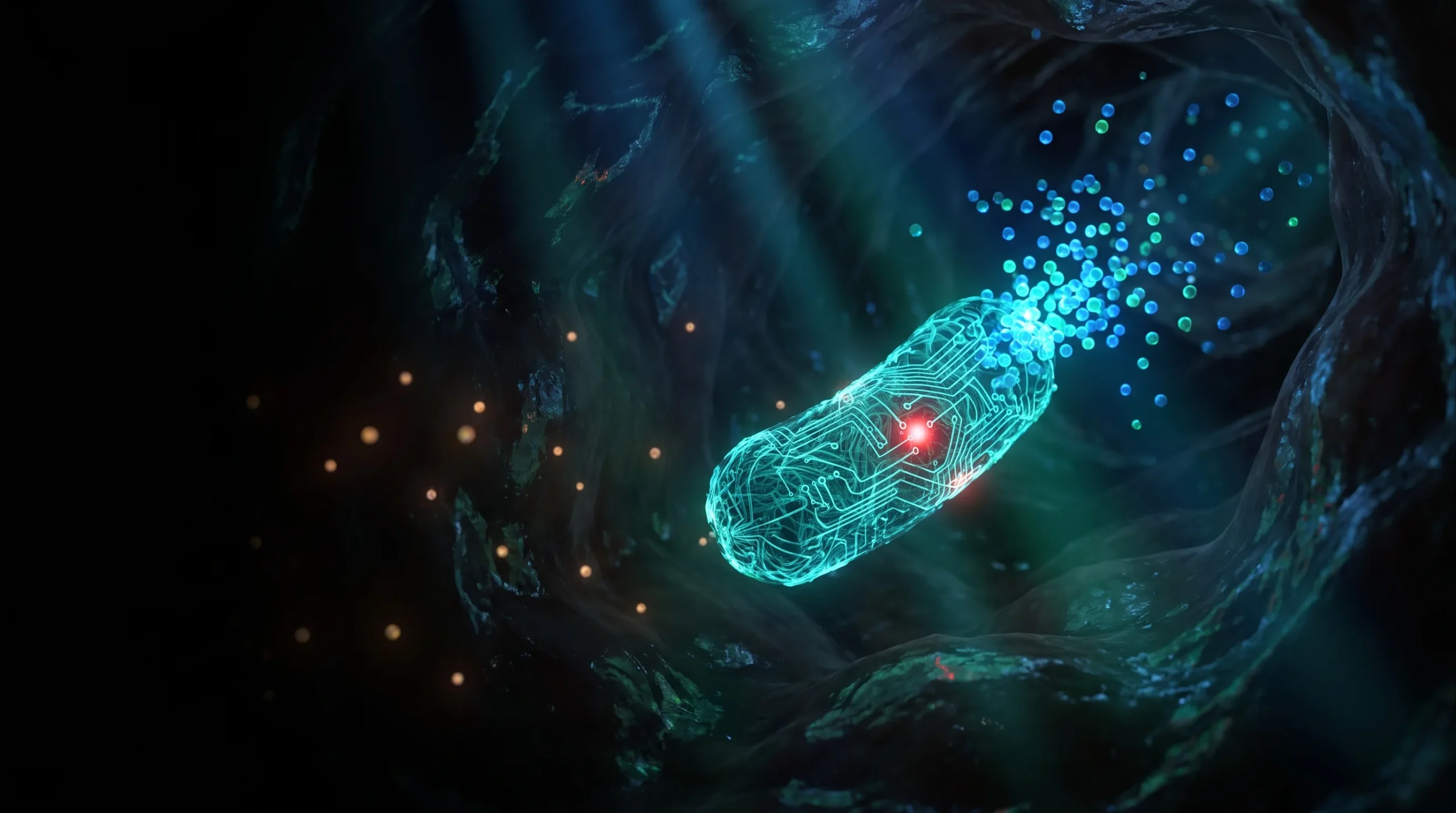 Ilustración de un probiótico GLP-1, una bacteria modificada que detecta la glucosa intestinal y secreta la hormona dentro del intestino.