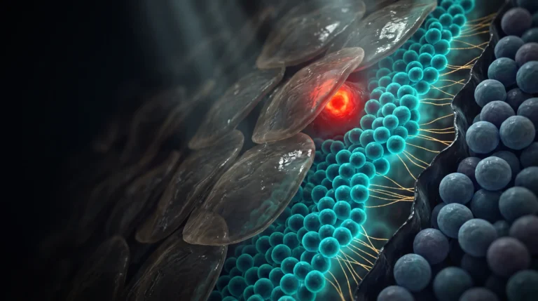 Ilustración microscópica de Staphylococcus epidermidis cubriendo la superficie epidérmica y frenando el avance de una población bacteriana rival.