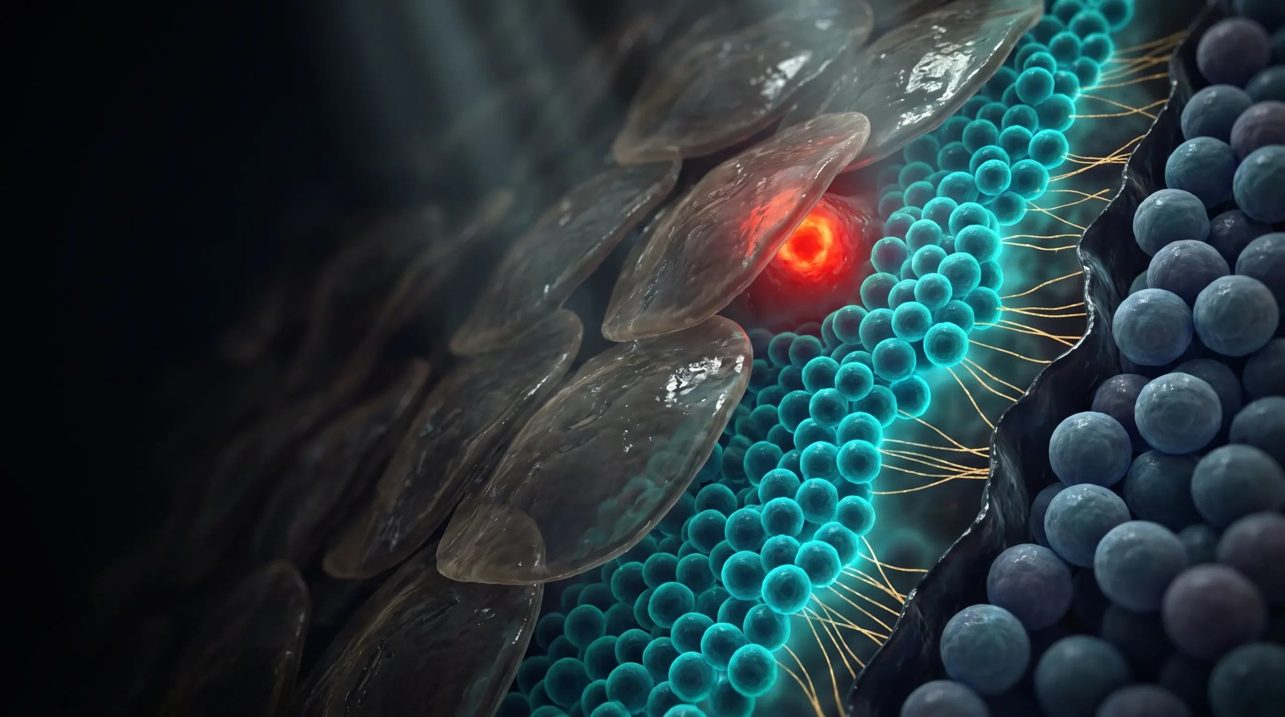 Ilustración microscópica de Staphylococcus epidermidis cubriendo la superficie epidérmica y frenando el avance de una población bacteriana rival.