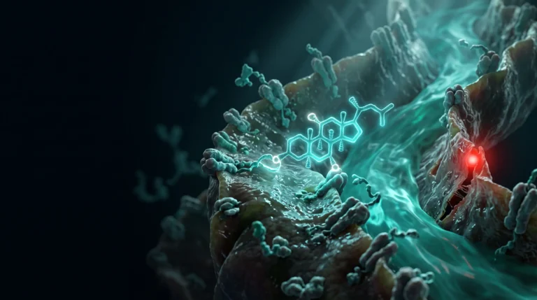 Ilustración molecular del TUDCA, un ácido biliar conjugado con taurina, circulando por el canalículo biliar entre hepatocitos.