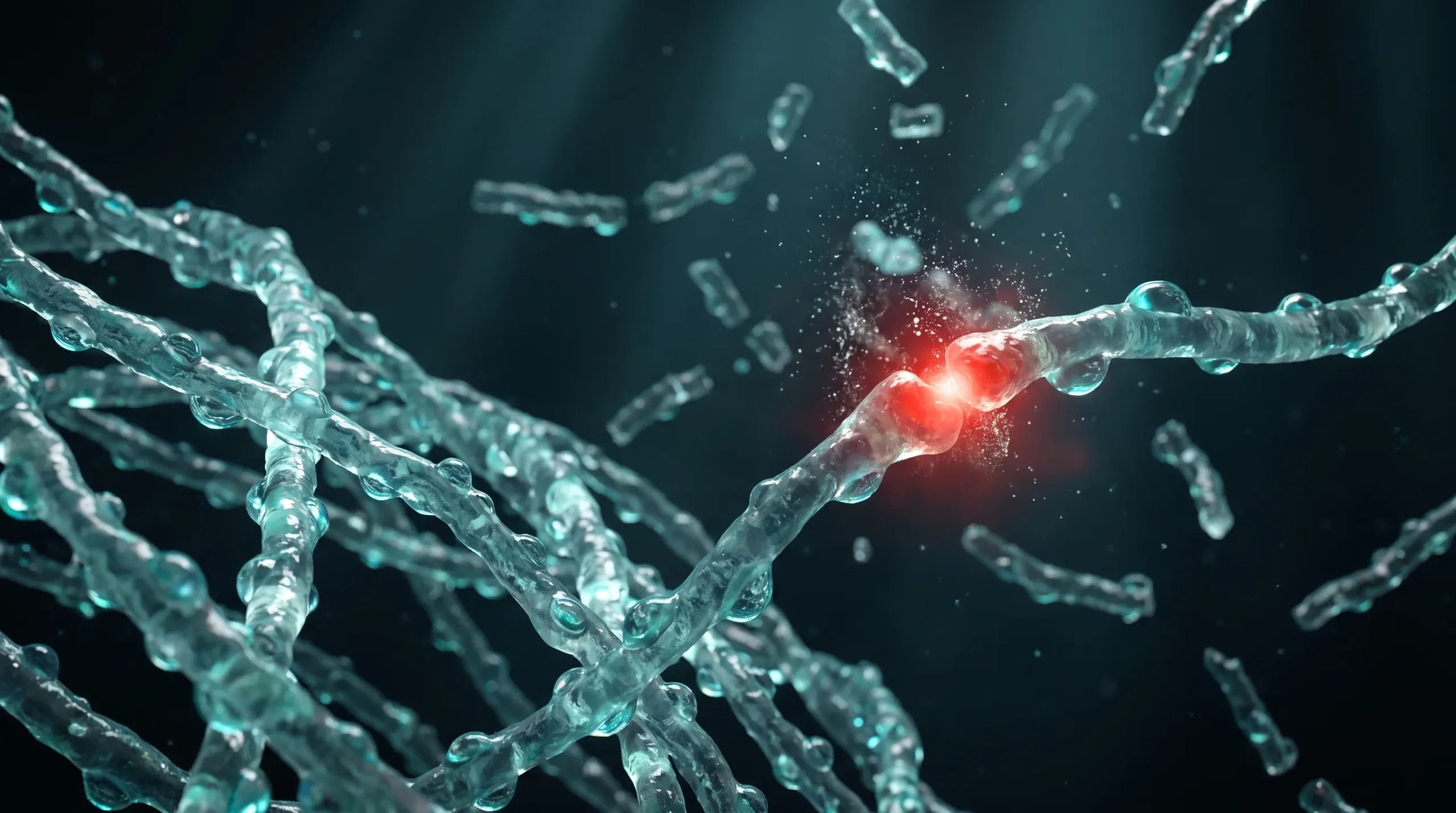 Ilustración molecular del ácido hialurónico como malla de cadenas largas que retienen agua en la matriz extracelular, junto a fragmentos de bajo peso molecular.