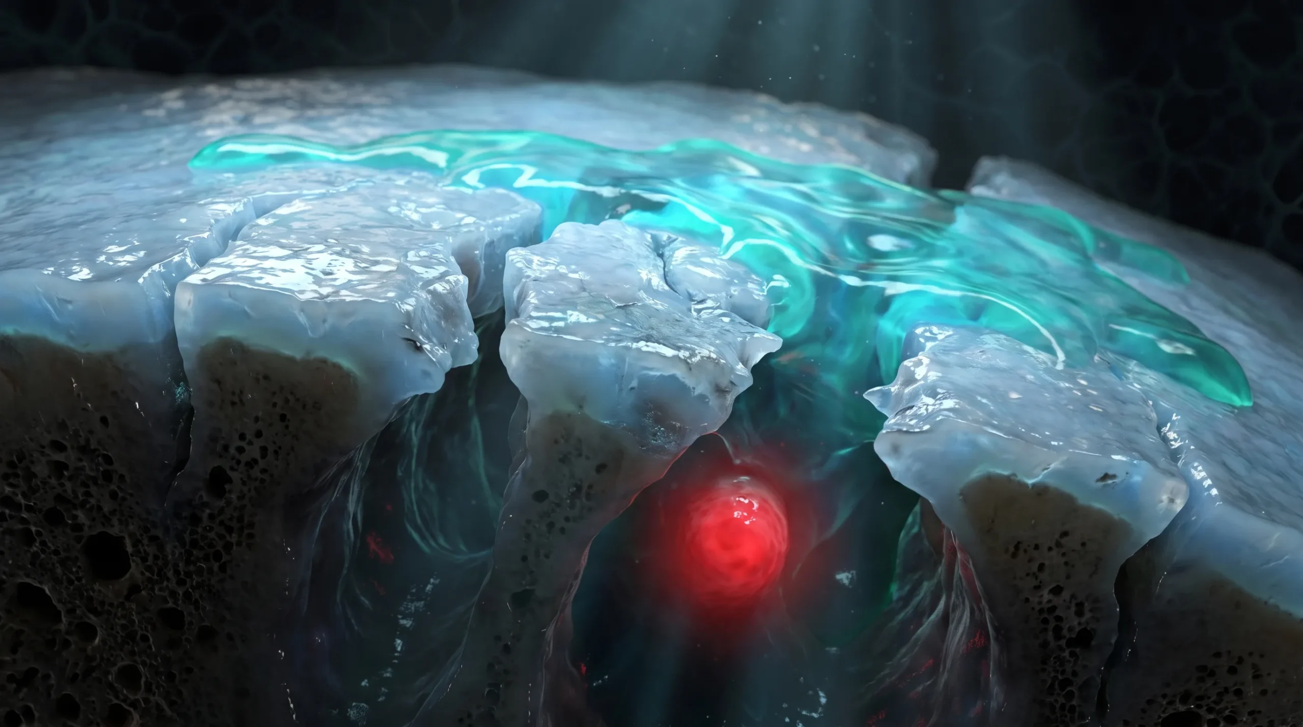 Ilustración médica del ácido hialurónico en la rodilla, con el gel viscoso extendiéndose sobre un cartílago articular erosionado sin rellenar sus fisuras.
