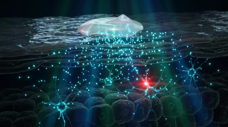 Ilustración microscópica de los alérgenos de fragancia de un cosmético penetrando la capa córnea de la piel y siendo capturados por células dendríticas.