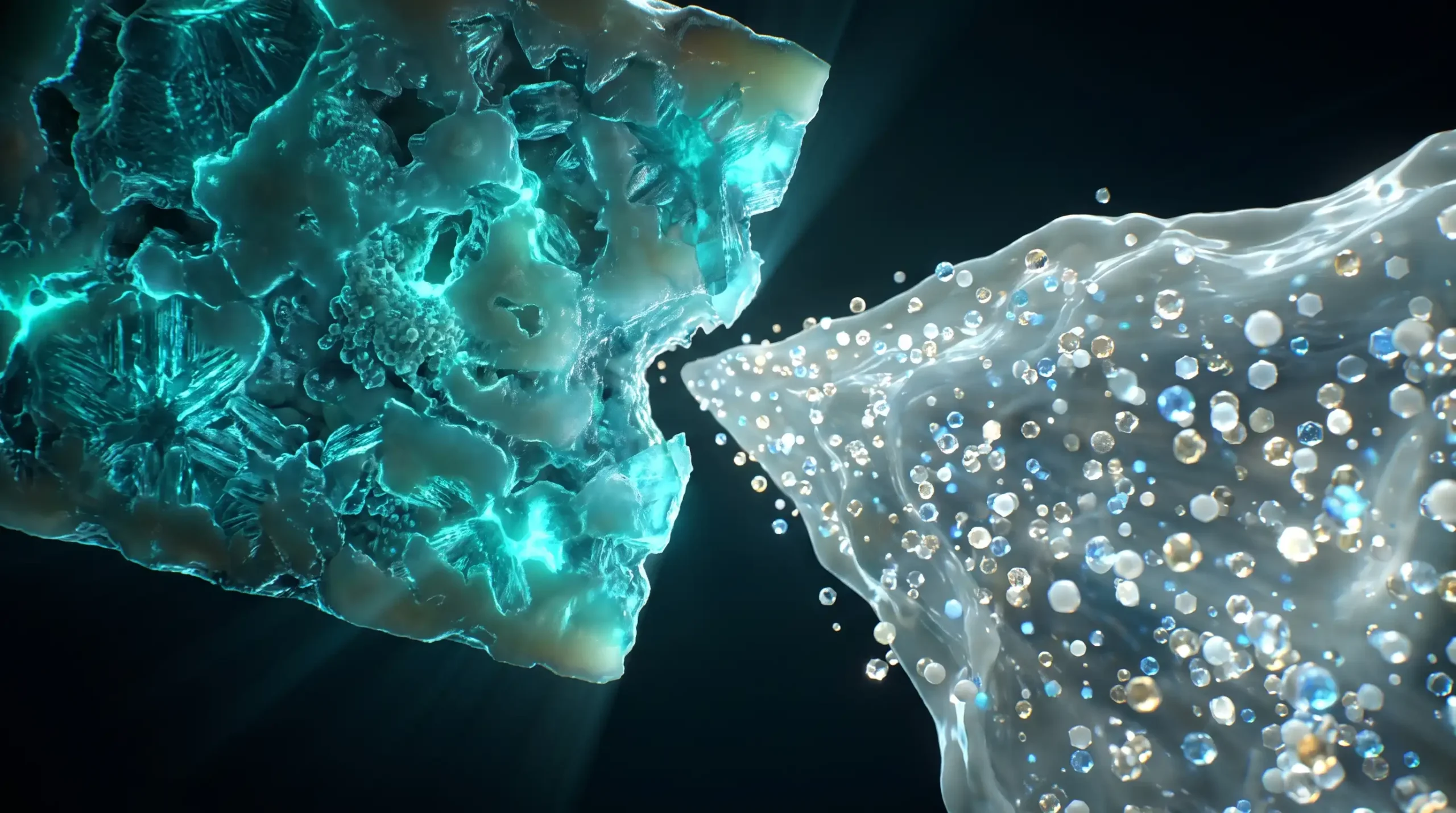 Ilustración molecular de los alimentos con lactosa: la leche llena de lactosa frente a un queso curado en el que las bacterias lácticas la han consumido casi por completo.