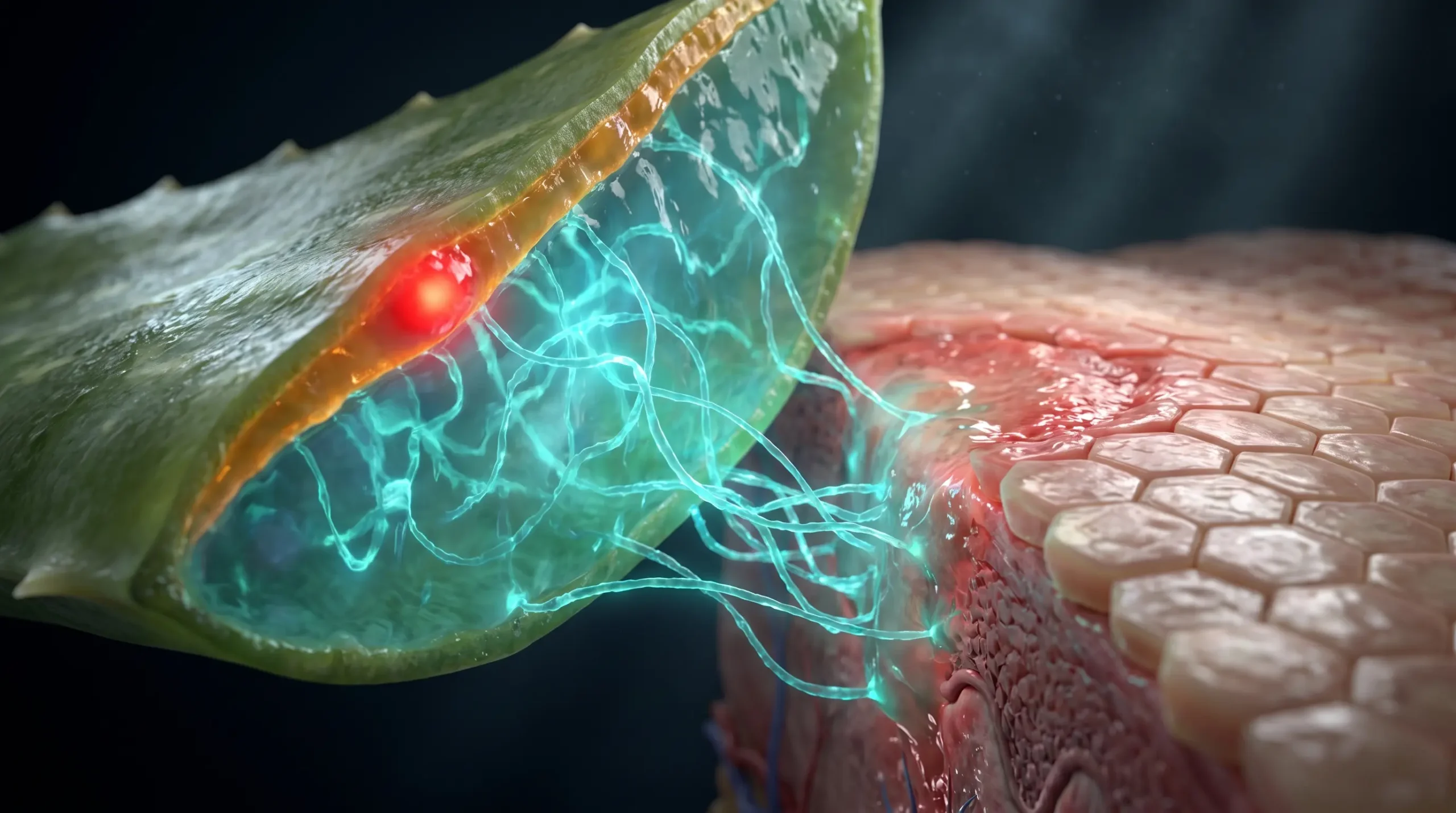 Ilustración molecular del aloe vera tópico, con el gel de parénquima interno y sus cadenas de polisacárido frente a una quemadura en cicatrización y a una barrera cutánea intacta.