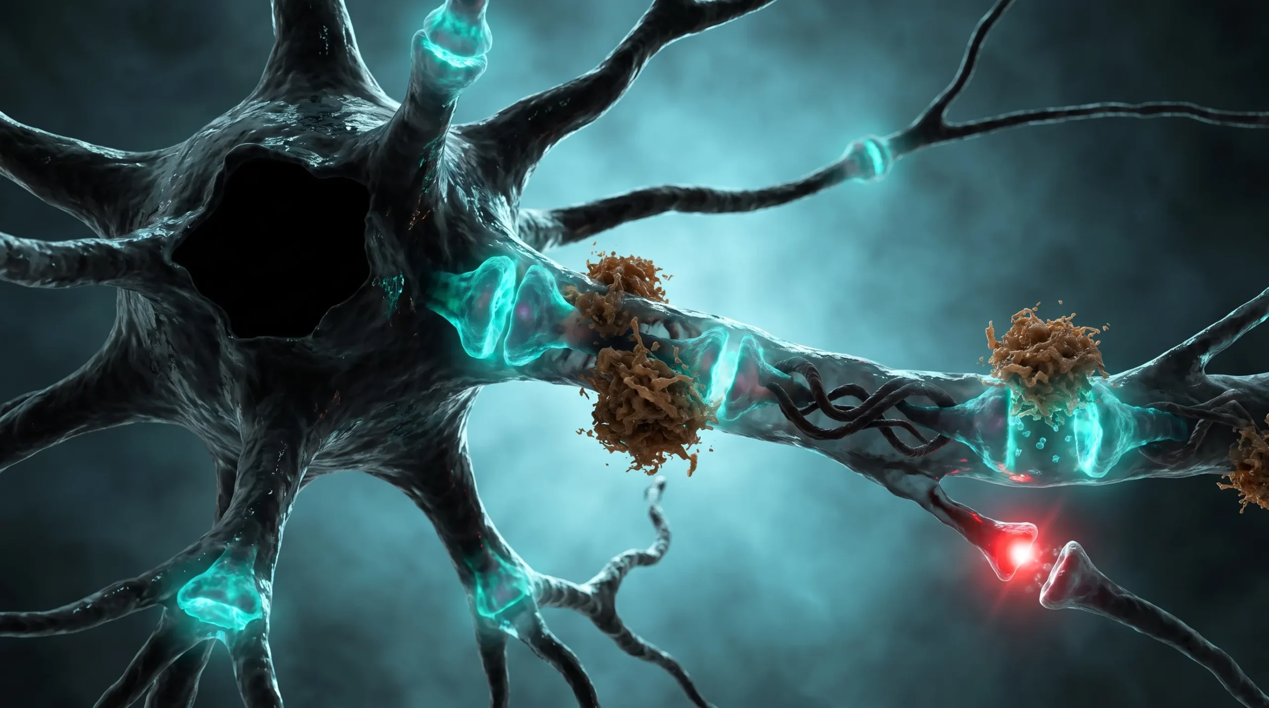Ilustracion molecular del tratamiento del Alzheimer, con placa amiloide y ovillos de tau destruyendo una sinapsis cortical.