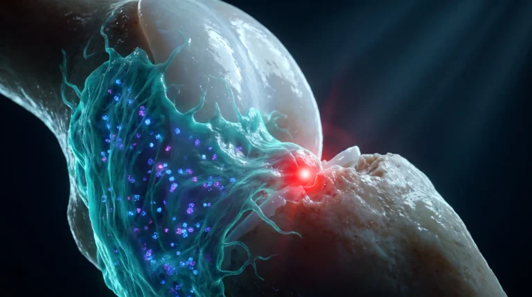 Ilustracion molecular de la artritis reumatoide, con el pannus sinovial inflamado invadiendo el cartilago y erosionando el hueso.