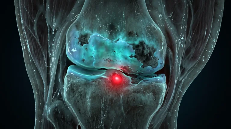 Ilustracion molecular de la artrosis, con el cartilago articular adelgazado y fisurado sobre hueso subcondral remodelado.