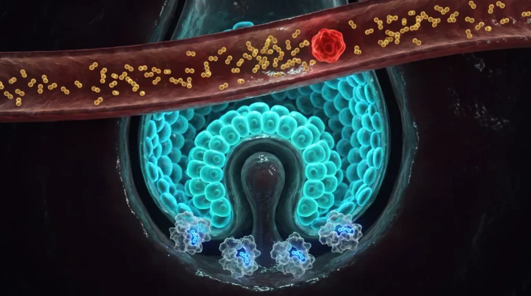 Ilustración de la biotina unida a las carboxilasas en el bulbo de un folículo piloso, con un exceso de biotina libre circulando en el vaso que lo alimenta.