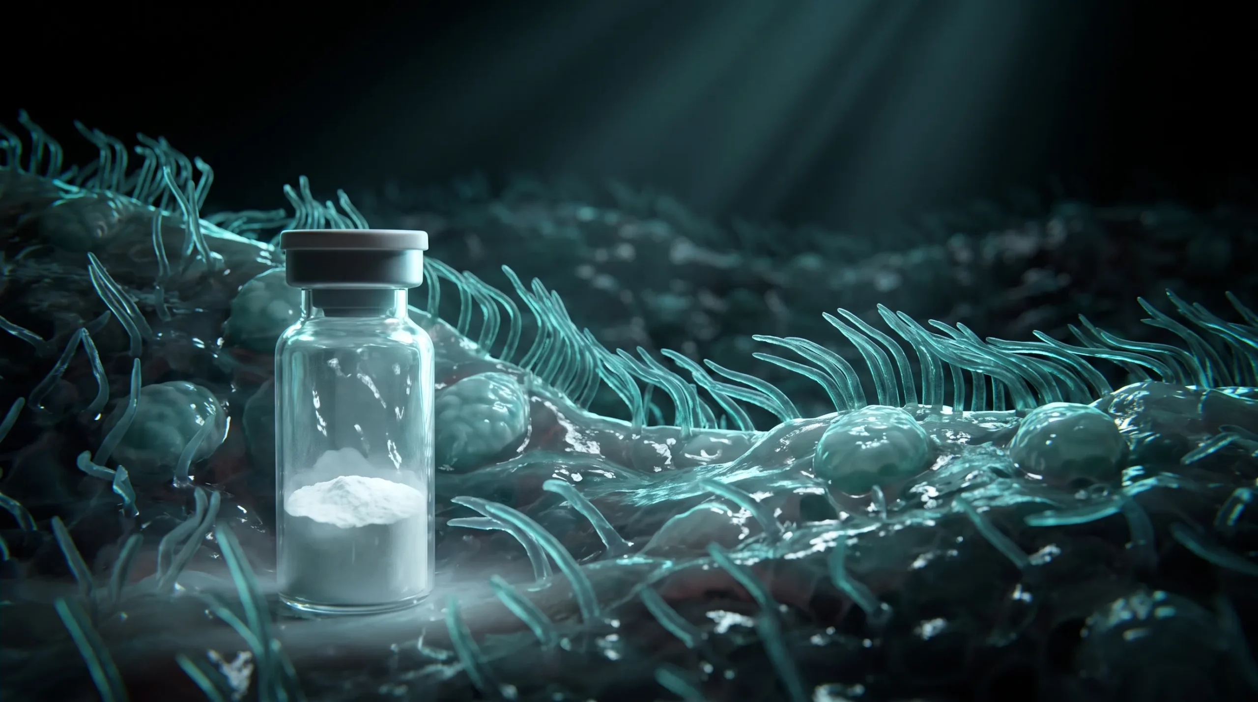 Ilustración de epitelio bronquial ciliado con un vial de Bronchogen en primer plano que representa la distancia entre una molécula bien definida y la ausencia de datos en humanos.
